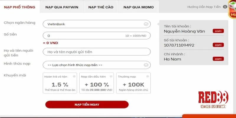 Các bước nạp tiền phổ thông tại nhà cái Red88 